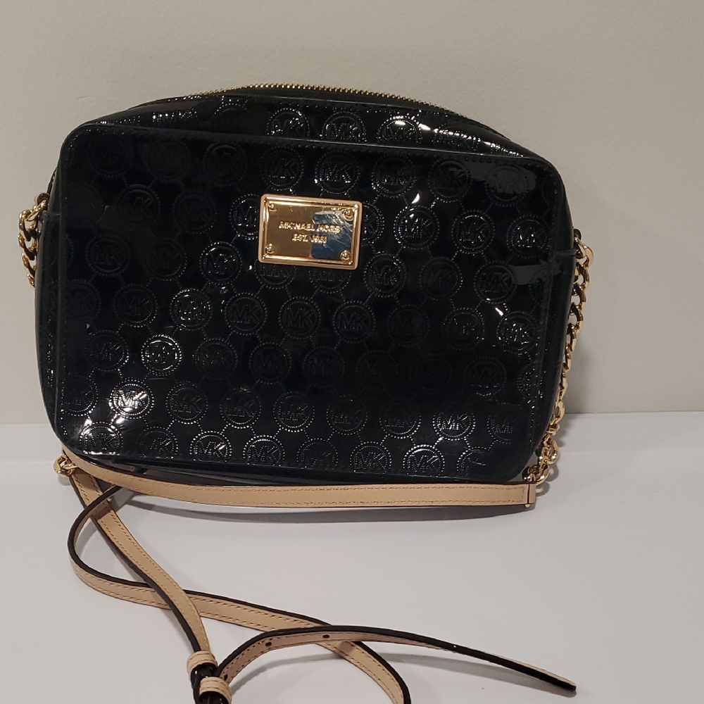 Michael Kors Glossy Black and Tan Crossbody Bag